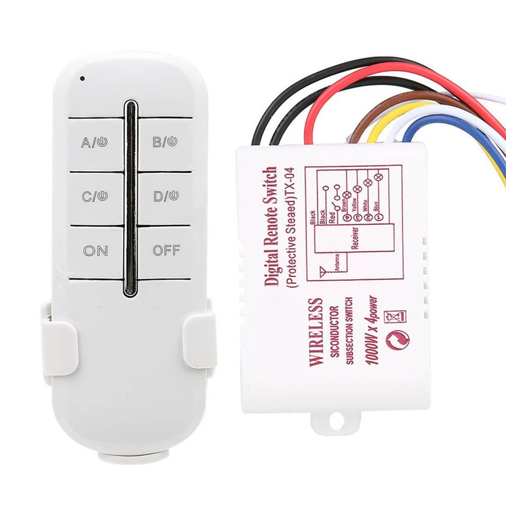 A white wireless remote control and a white receiver unit with wires are shown against a white background.