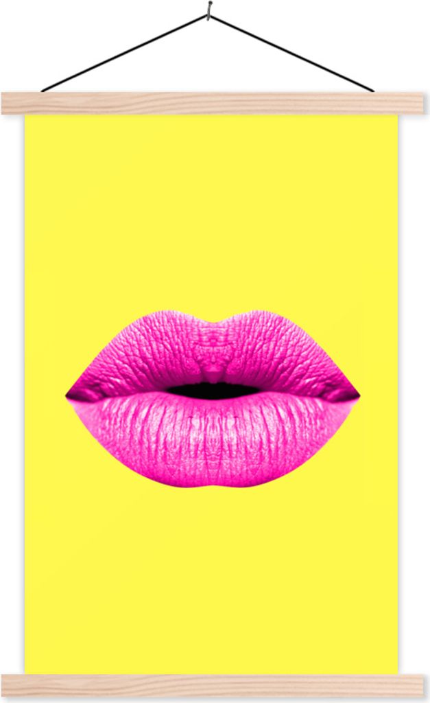 MuchoWow Textilposter Lippen - Rosa - Gelb 40x60 cm mit holzfarbenen Rahmen - Poster