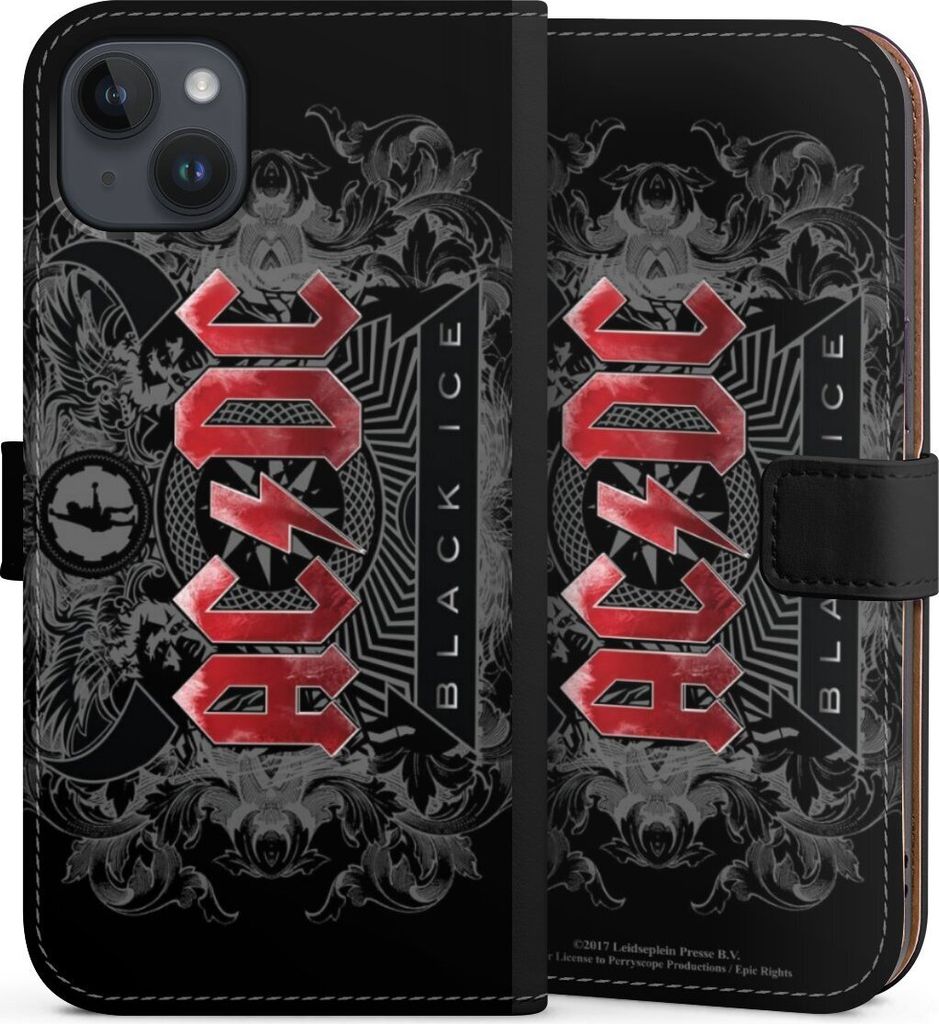 DeinDesign Klapphülle für Apple iPhone 14 Plus Handytasche Lederhülle Tasche ACDC Black Ice Fanartikel
