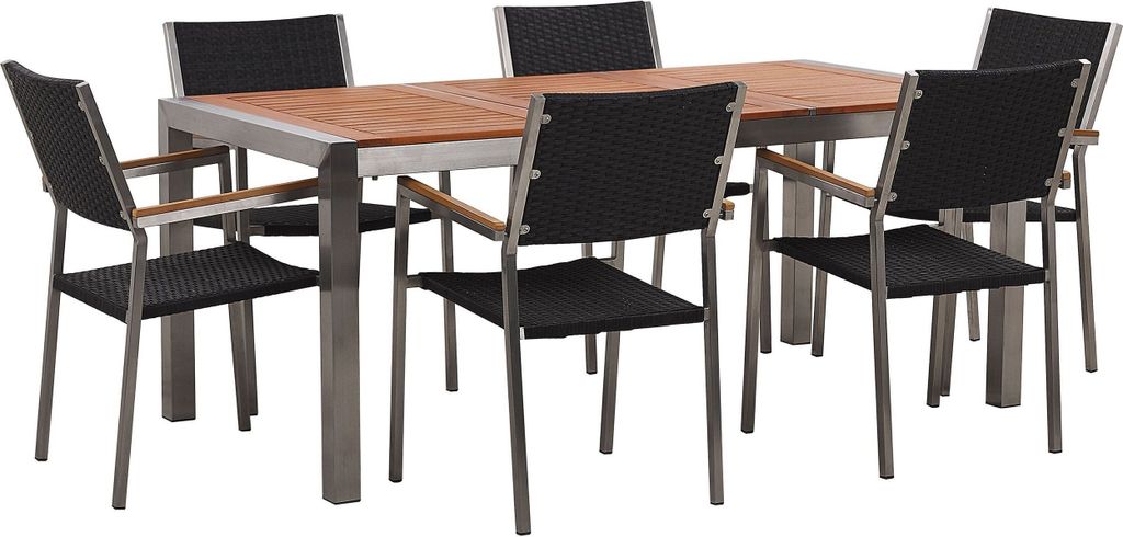 BELIANI Gartenmöbel Set Eukalyptusholz Edelstahl Tisch 180 cm 6 Rattanstühle Schwarz Terrasse Outdoor Modern Garten Terrasse