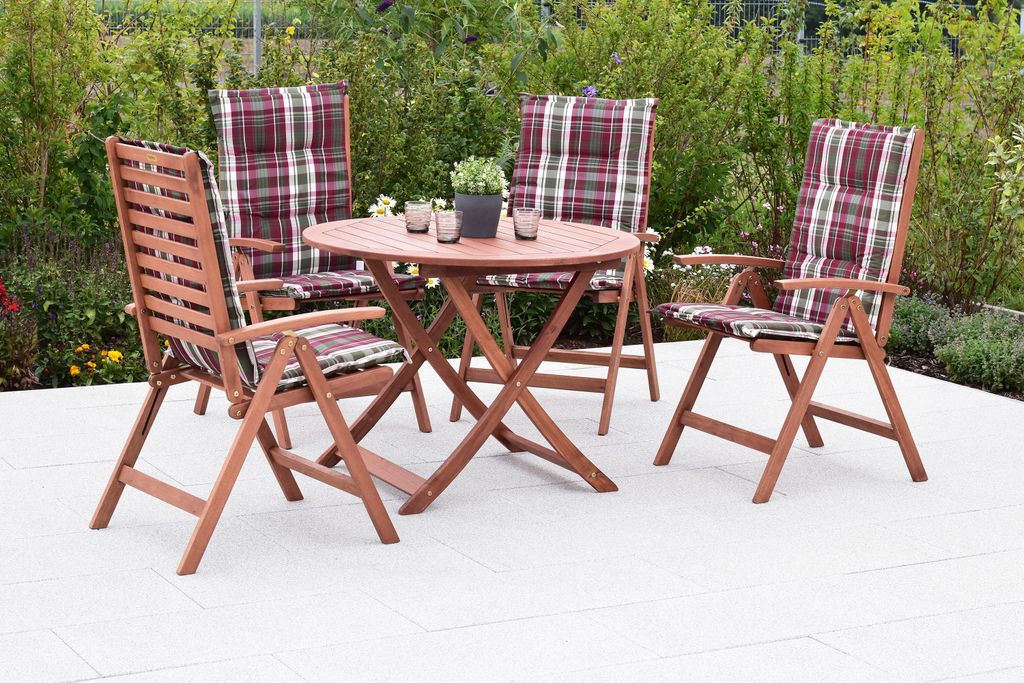 Merxx Gartenmöbelset Borkum 9tlg., 4 Klappsessel, 4 Auflagen, 1 Klapptisch Ø 100 x 74- Eukalyptus