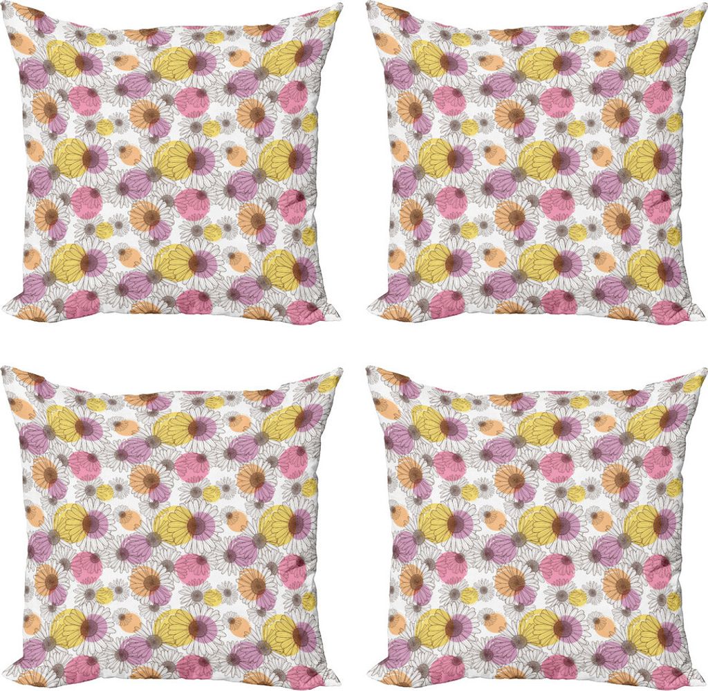 ABAKUHAUS Gänseblümchen Kissenbezug Set (4 Stück), Blumenskizze und Dots, Moderner Doppelseitiger Digitaldruck, 45 cm x 45 cm, Mehrfarbig