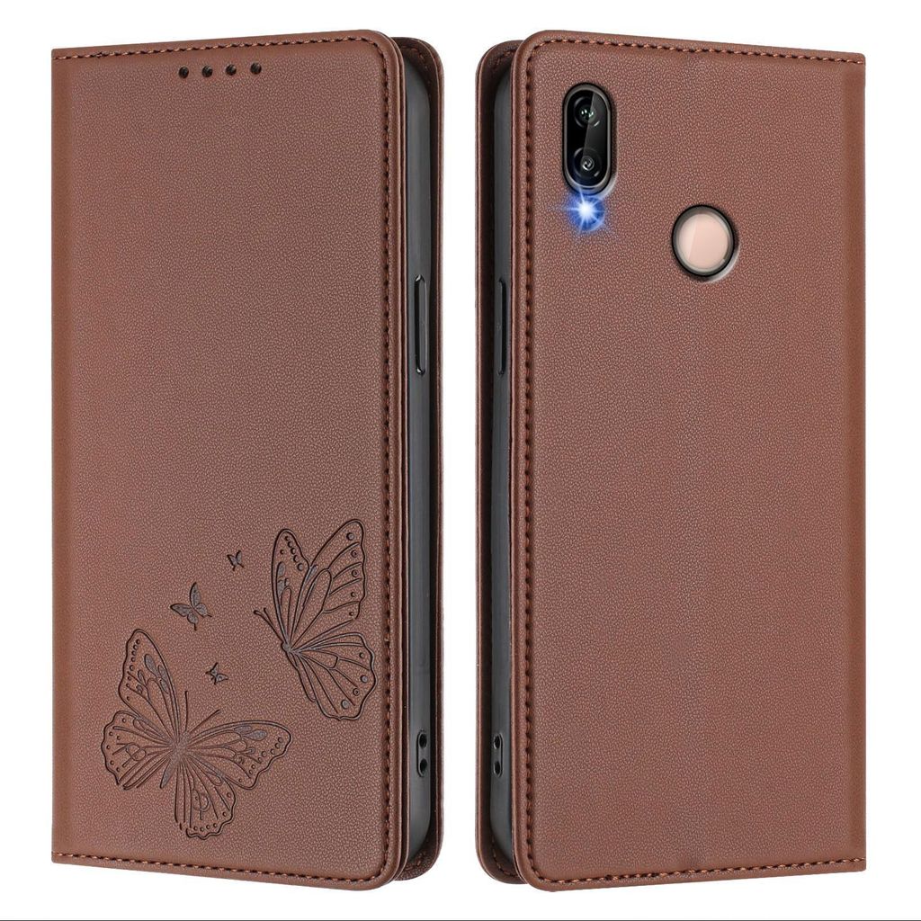 Lederhülle für Huawei P20 Lite, Schmetterling Prägung Leder Brieftasche Schutzhülle mit Ständer Braun