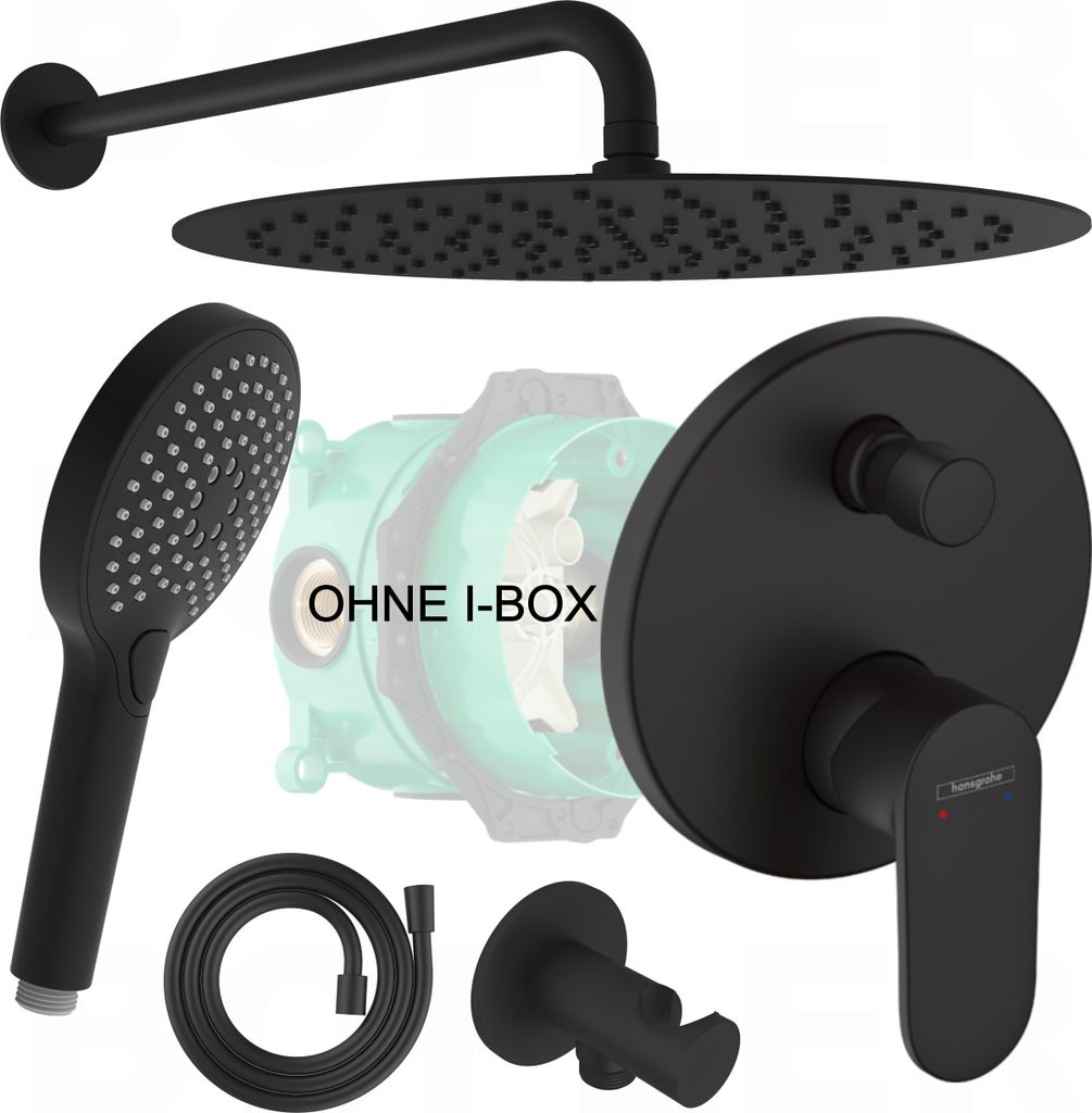 A collage of shower system components against a white background.