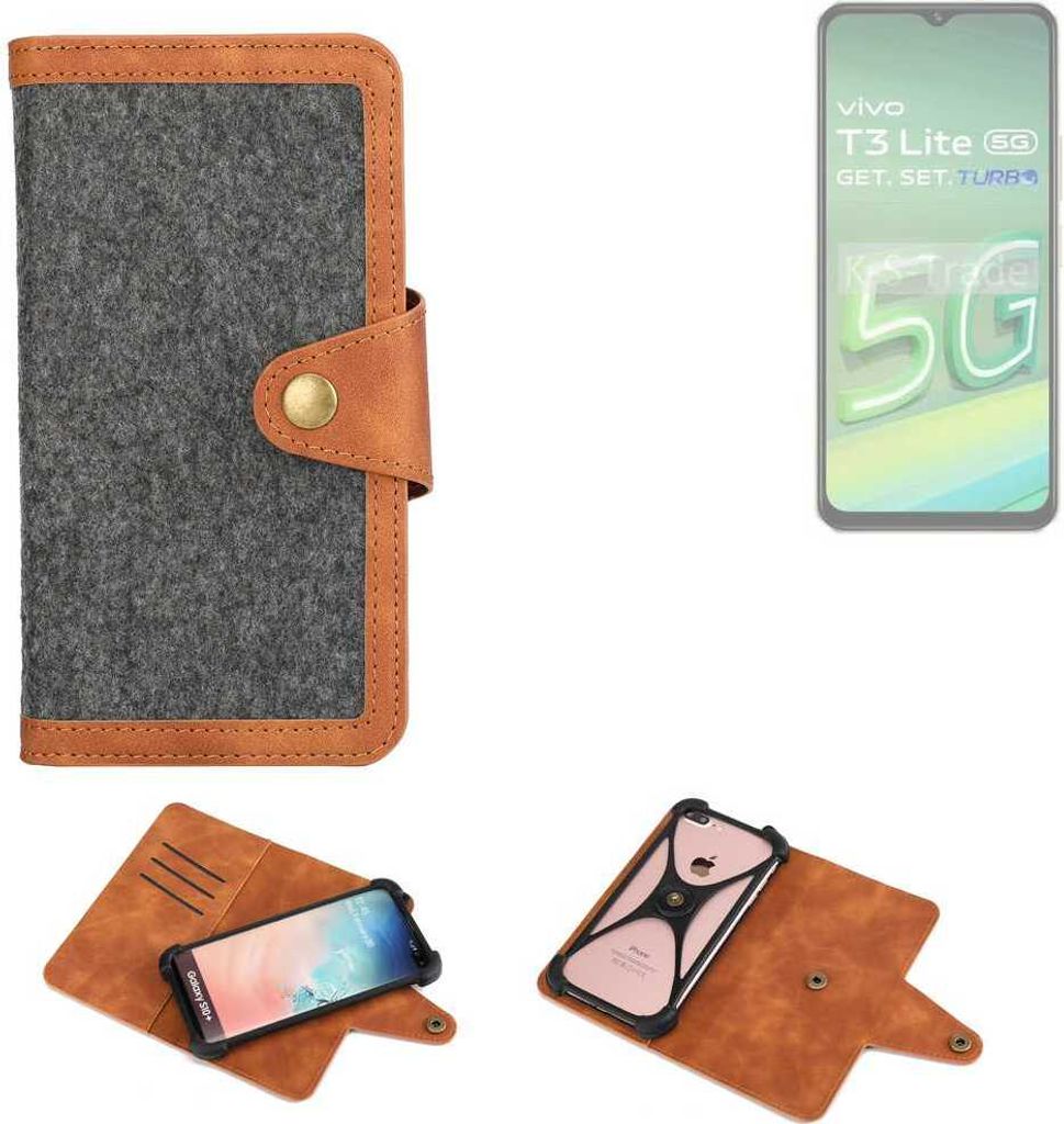 K-S-Trade Schutzhülle Handyhülle kompatibel mit Vivo T3 Lite 5G Filz Hülle Kunst-Leder dunkelgrau braun (1x)