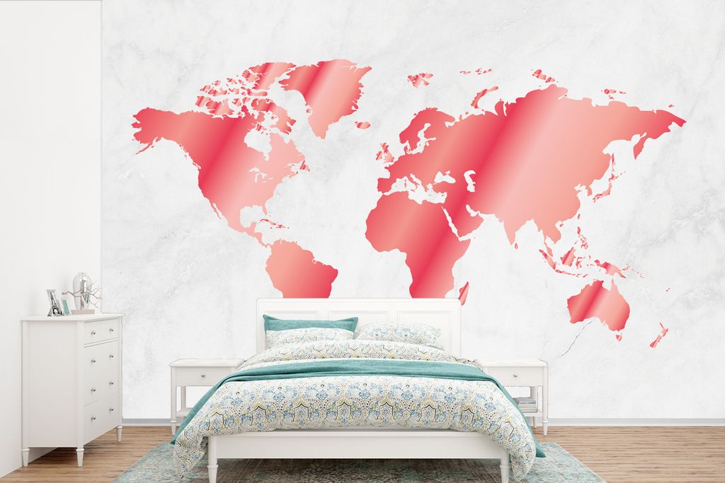 MuchoWow Fototapete für Wohnzimmer oder Schlafzimmer Wandtapete Vinyl Motivtapete Weltkarte - Rosa - Marmor - 330x220 cm - Fototapeten