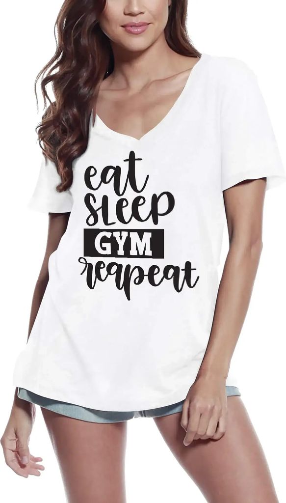 Damen Grafik T-Shirt V-Ausschnitt Essen Schlafen Fitnessstudio wiederholen Fitnessstudio – Eat Sleep Gym Repeat Gym – Öko-Verantwortlich Vintage