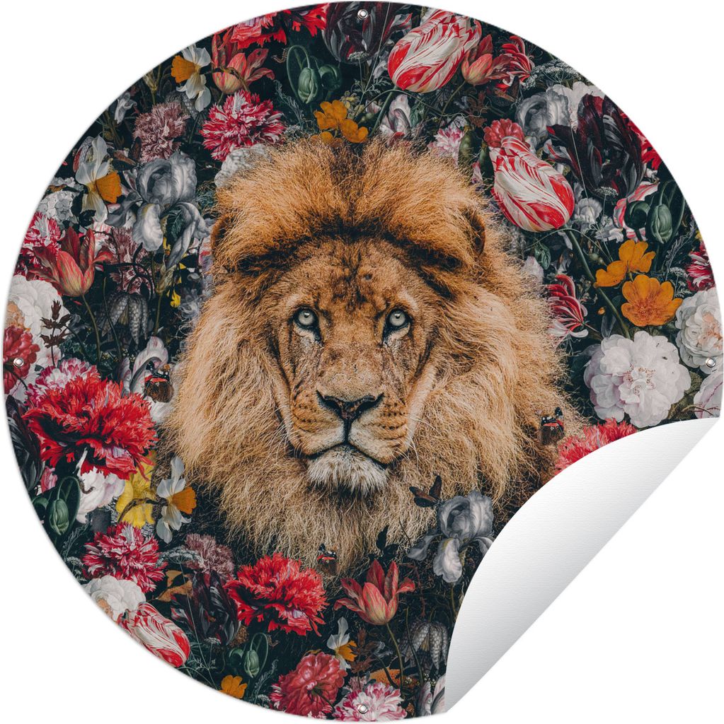 MuchoWow Gartenposter Outdoor-Poster Rund Leo - Blumen - Profil Ø 150 cm Gartendeko Rundes Poster draußen