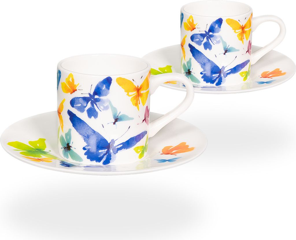 tea4chill Könitz Espresso Tassen Set Victoria Lowe - Butterfly. 2 Kaffeetassen 65ml aus Fine Bone China Porzellan. Espressotassen modern, bunt