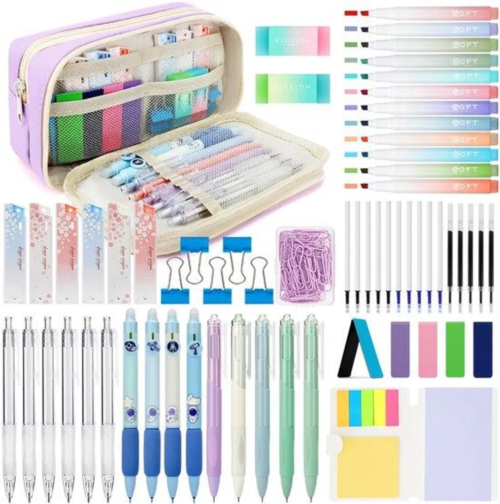 Trousse garnie 27 pièces : crayons pastel et gommes pour l'école