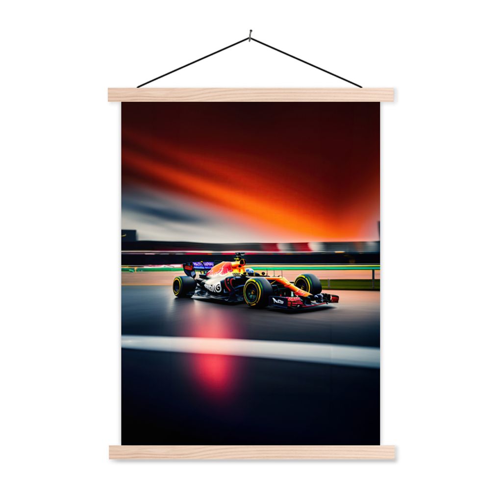 MuchoWow Textilposter Auto - Formel 1 - Rennstrecke - Rennwagen 120x160 cm mit holzfarbenen Rahmen - Plakatkarton