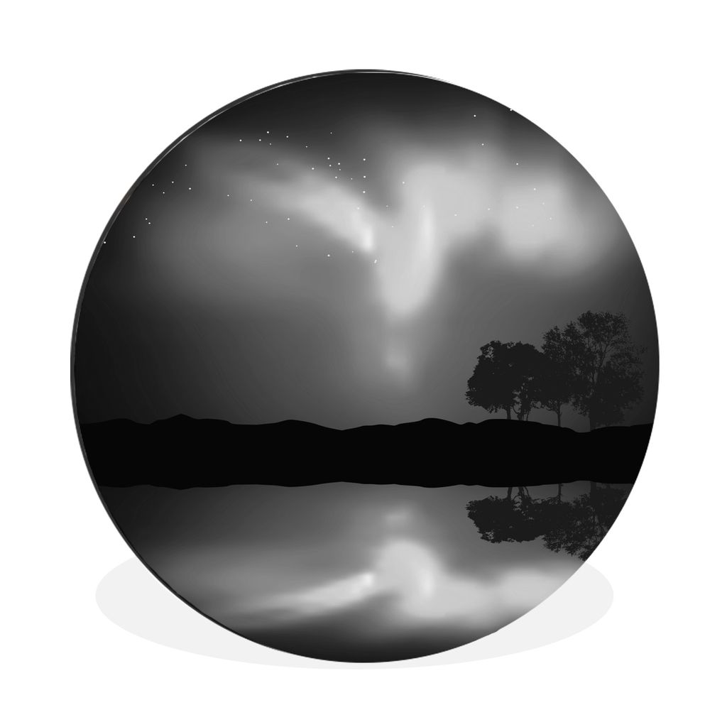 MuchoWow Aluminium Wandkreis Eine Illustration des Nordlichts über den Hügeln und dem Wasser - schwarz und weiß Ø 90 cm Wanddeko Modern Wohnz...