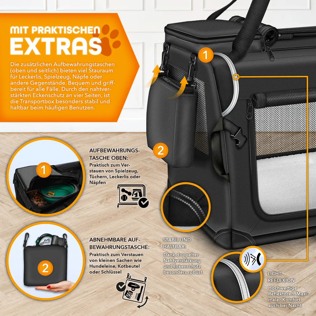 TRESKO® cassa per cani pieghevole nera (XXL 92x63x63cm) incl. tappetino per leccare, spatola e catarifrangenti | box di trasporto per cani e gatti | box di trasporto per cani di piccola e grande taglia | robusta borsa per cani - 3