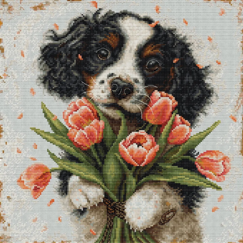Réussissez votre broderie chiot cocker avec ce kit complet Luca-S 27x27cm