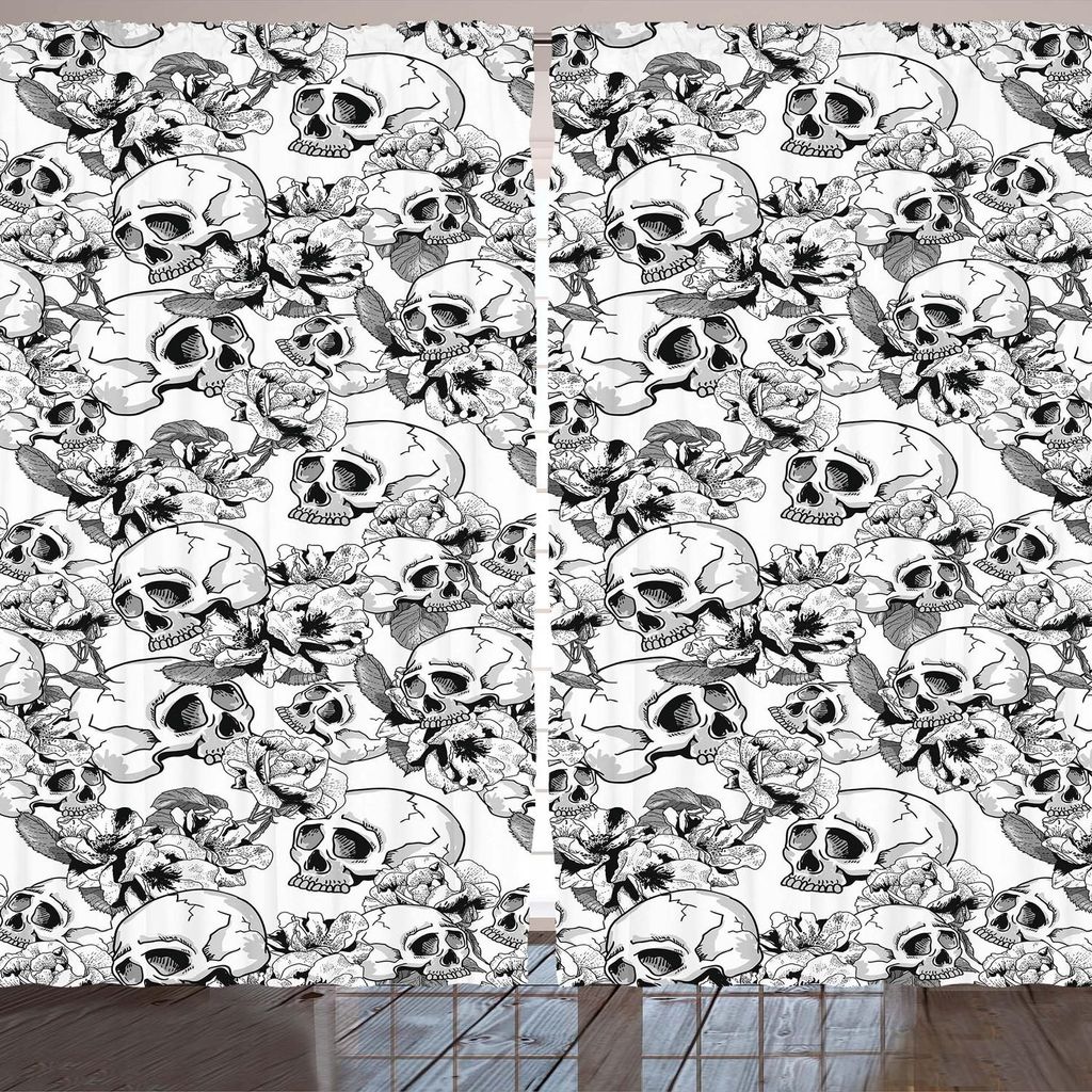 ARANDE Tag der Toten Gardine, Festliche Feier mexikanischer spanischer Sketch Dead Skulls Artwork Print, 280 x 225 cm, Schwarz und weiß
