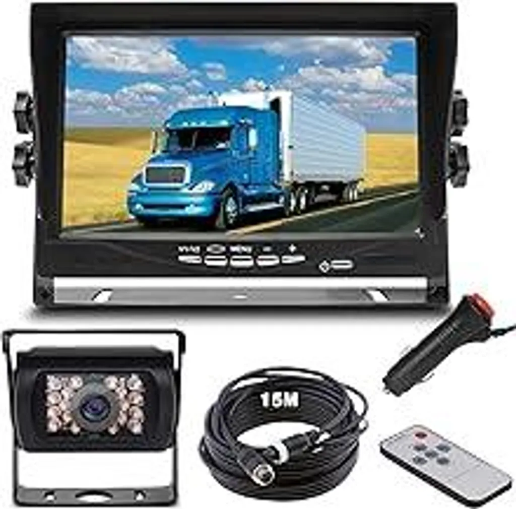 Sistema di monitoraggio parcheggio auto Impermeabile 18 LED Visione notturna Telecamera di retromarcia Telecamera di retromarcia con cavo aereo a 4 poli da 15 m + monitor a colori TFT LCD da 7" per camion di grandi dimensioni, autobus, roulotte e rimorchi
