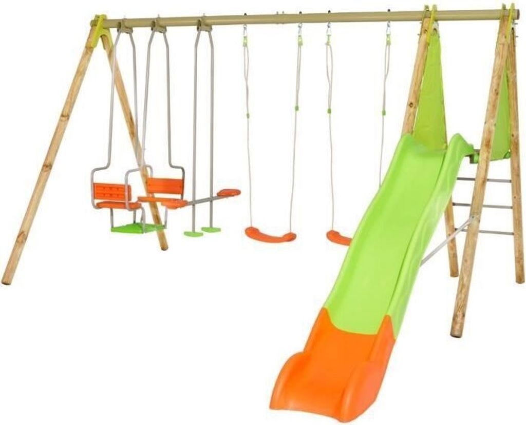 Spielturm TRIGANO KAHUNA, Holz Metall, 2.30m, 2 Schaukeln, Face à Face, Gondel, Rutsche 2.63m