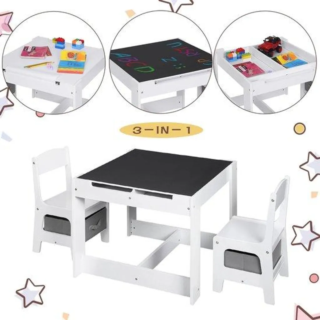 Bureau enfant MDF blanc avec espace de rangement et chaises ergonomiques