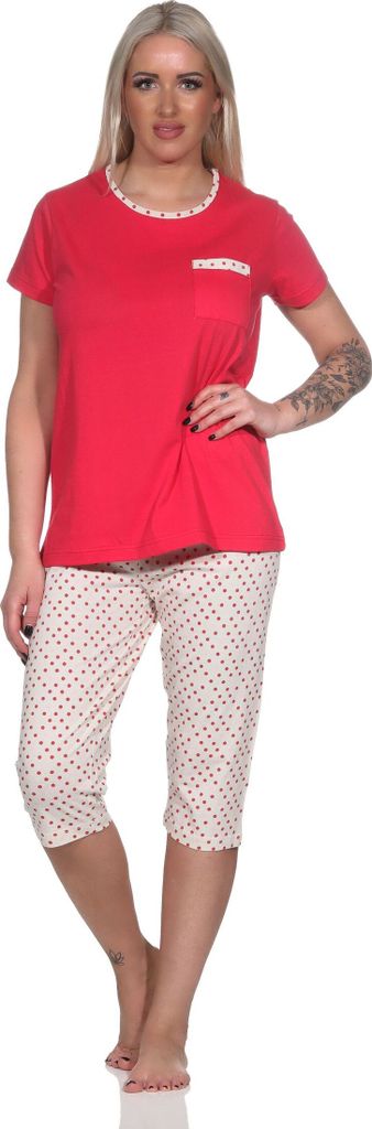 Normann Damen kurzarm Schlafanzug Pyjama mit Capri-Pyjamahose in Tupfen Punkte Optik ; pink , 40