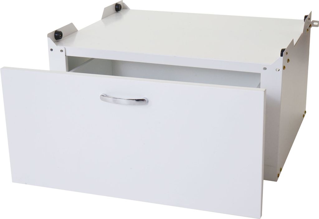 A white washing machine pedestal with an open drawer.