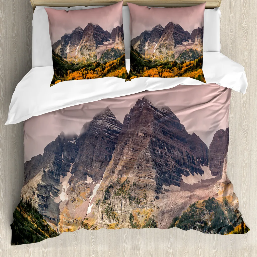ABAKUHAUS Set copripiumino naturale per letti matrimoniali, paesaggio montano, antiacaro, adatto a chi soffre di allergie, con federe, multicolore
