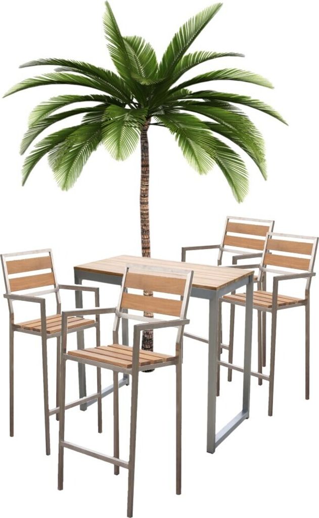 Teako Design 4 Barhocker Teakholz + Edelstahl Lavarone & Bartisch Massivholz Wetterfest – Komplett-Set für Outdoor & Indoor-Bars