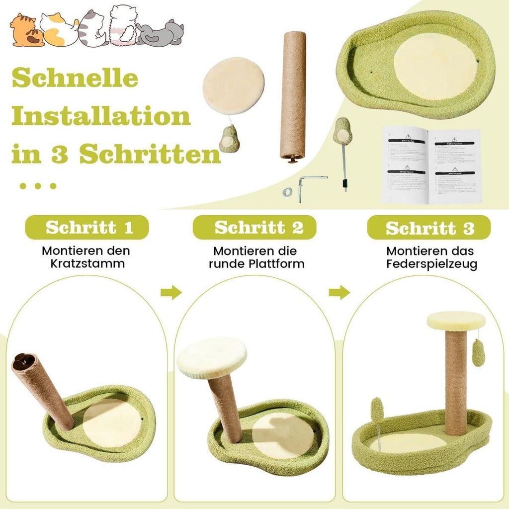 Katzenbaum mit Jutestämmen und Avocado-Spielzeug, 50 cm