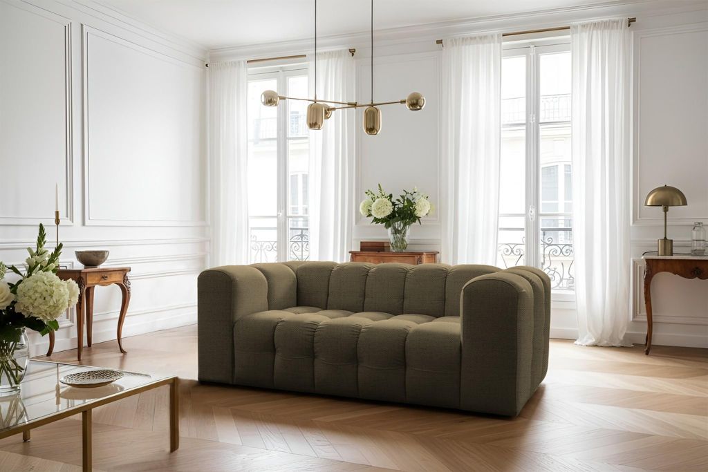 Sofa Designersofa SOLVIE 2-Sitzer in Stoff Moly Moosgrün