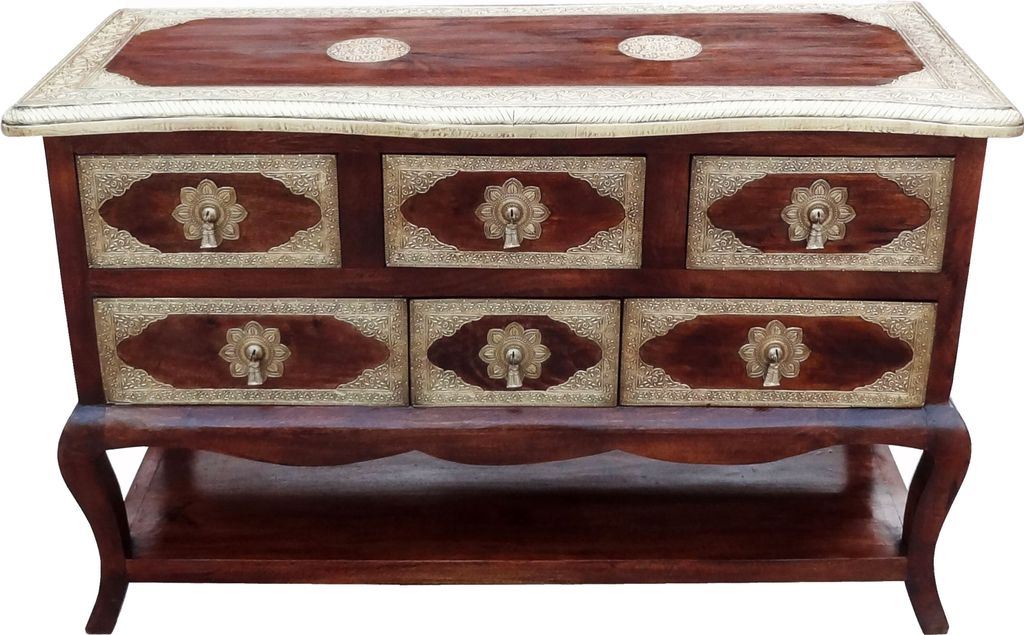 Orientalische Kommode Sideboard Joynab 120cm Braun Gold | Orient Vintage Kommodenschrank orientalisch Handverziert | Indische Landhaus Anrichte aus...