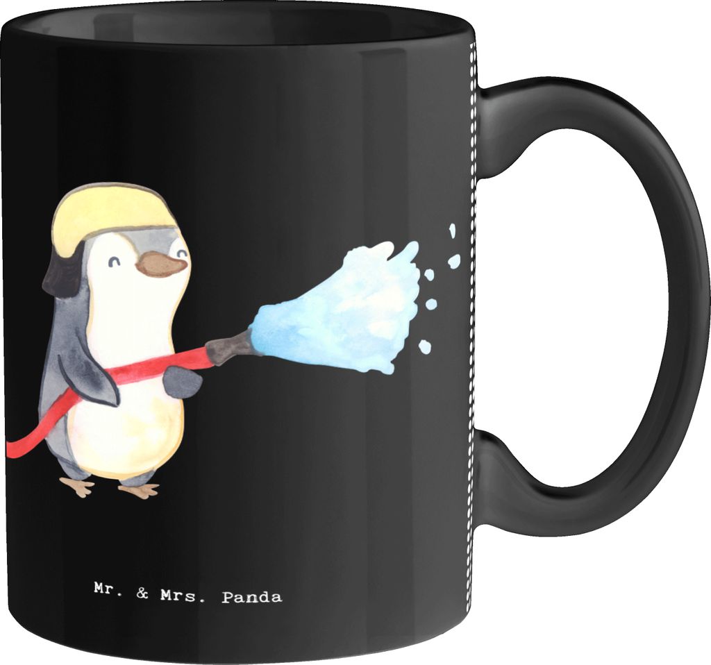 Mr. & Mrs. Panda Kaffeetasse Feuerwehrmann Herz - Schwarz - Geschenk, Ausbildung, Freiwillige Feuerwehr, Teetasse, bedruckt, Feuer Löschen, Becher...
