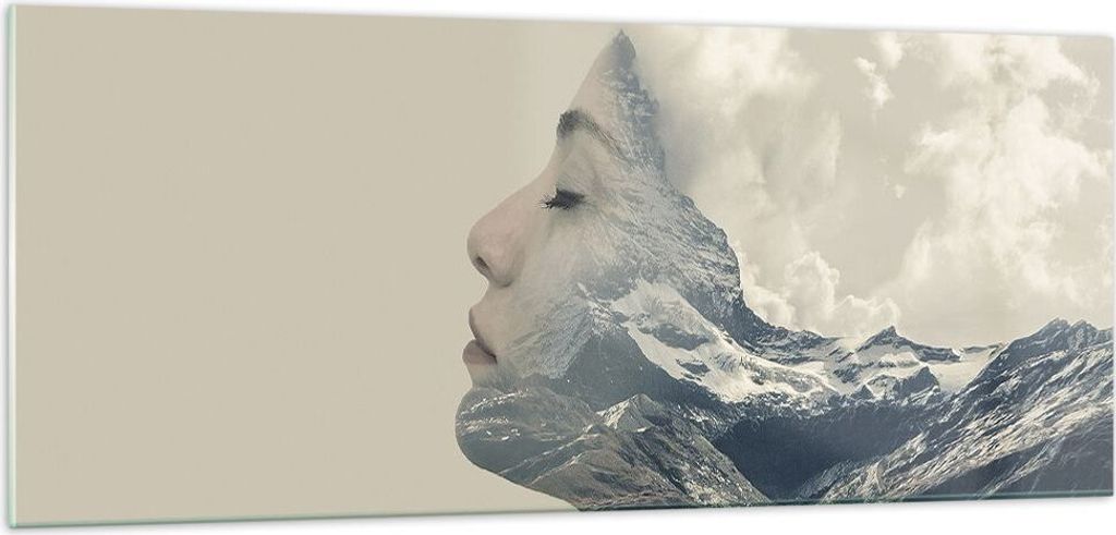 Bilder auf glas - Einteilig - Grafik Frau Berge - 100x40cm - Glasbilder - Wandbilder - Bilder - zum Aufhängen bereit - Wanddekoration aus Glas - G...