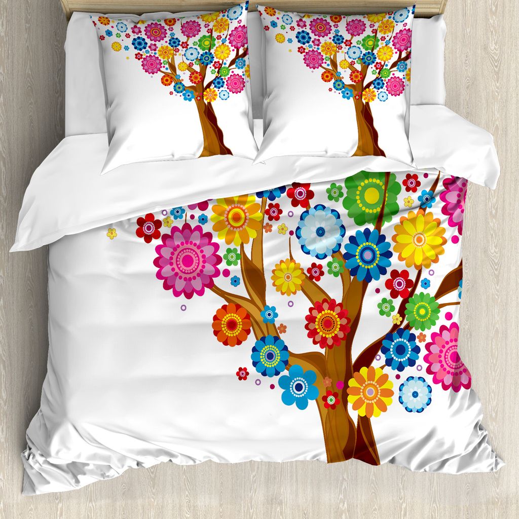 ABAKUHAUS Blumen Bettbezug, Baum Leuchtende Blüten, Milbensicher Allergiker geeignet mit Kissenbezügen, 155 cm x 220 cm - 80 x 80 cm, Mehrfarbig
