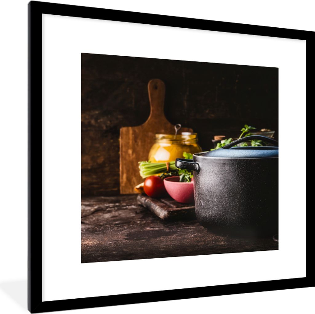 MuchoWow Gerahmtes Poster Rustikal - Stilleben - Pfanne - Gemüse 40x40 cm - Poster mit Schwarzem Bilderrahmen Wandposter Rahmen Foto Bilder - Po...