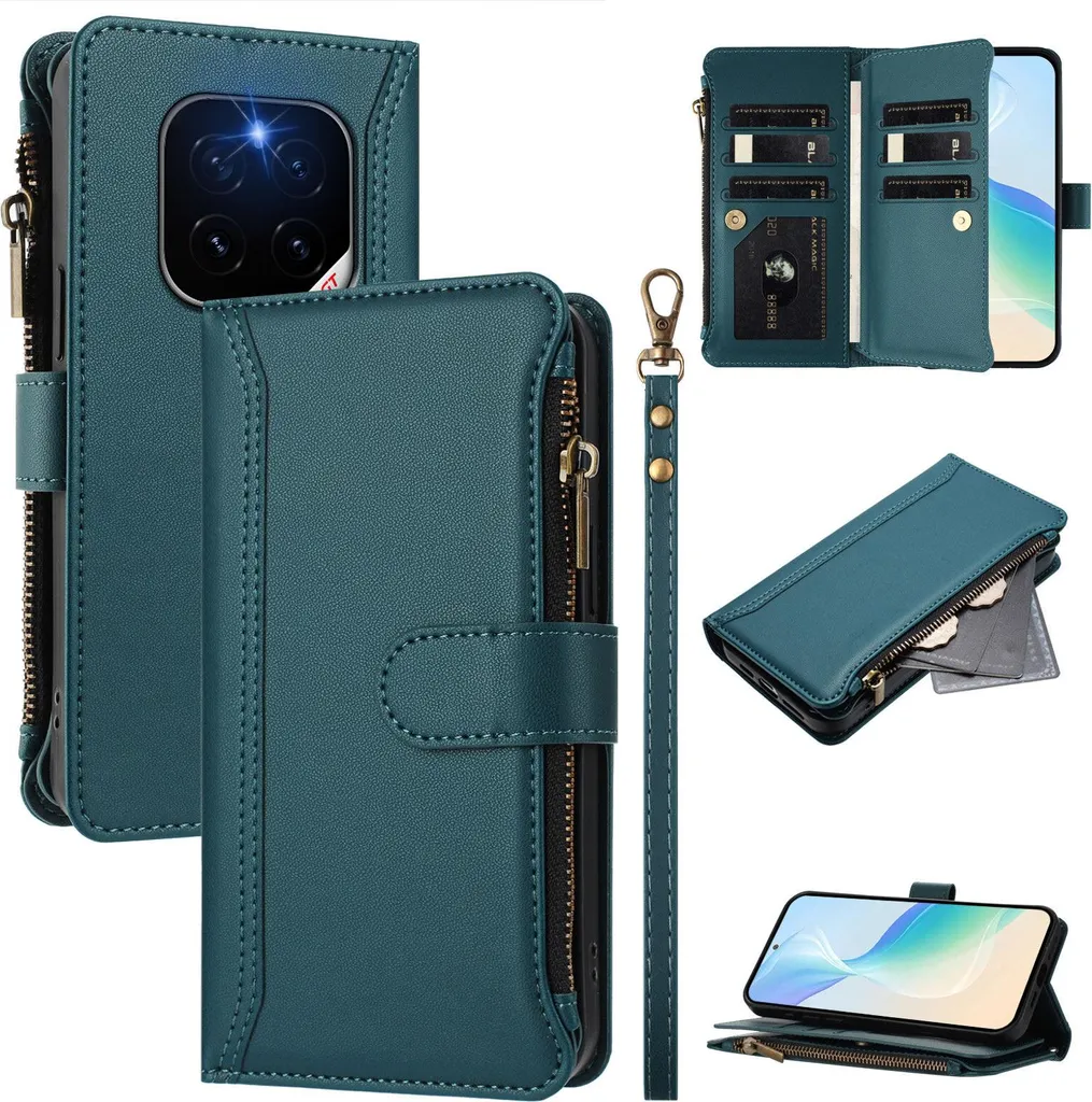 Custodia per Honor GT Pro, con cerniera, portafoglio in Finto cuoio con tasche per carte, supporto e passante verde