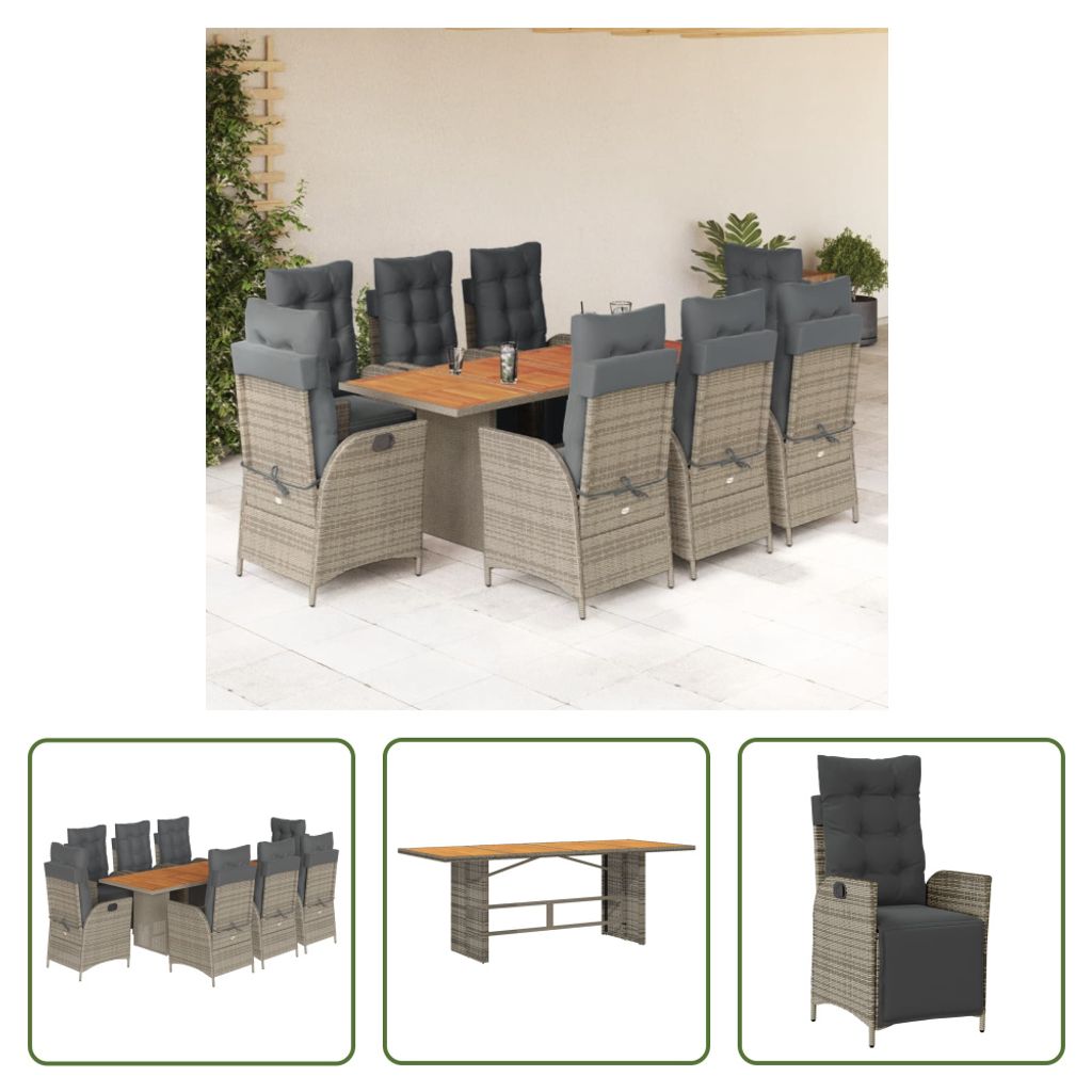 The Living Store 9-tlg. Garten-Essgruppe mit Kissen Grau Poly Rattan