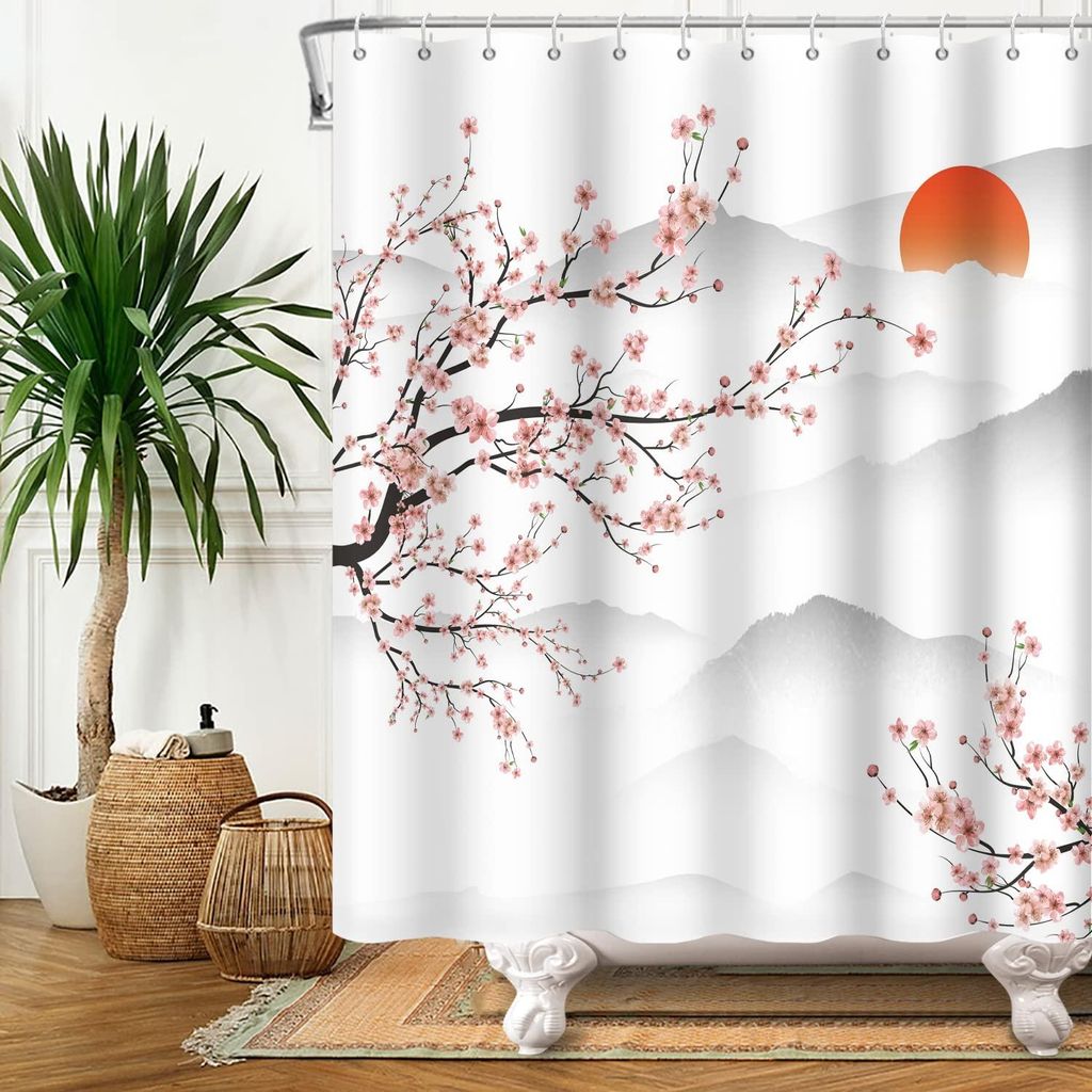 Duschvorhang mit asiatischen Kirschblüten (180 x 198 cm), japanischem Pfirsichblütenzweig des Berges Fuji und Sonnenaufgangsnebel – ideal zur B...