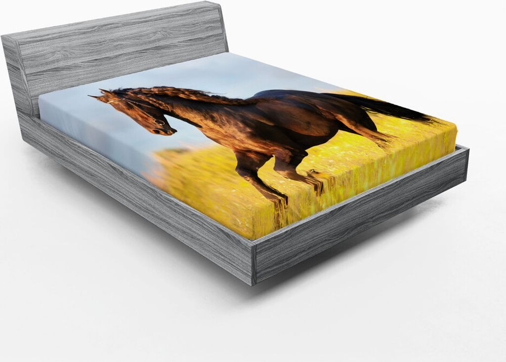 ABAKUHAUS Pferde Spannbetttuch, Friesenpferd Mit Mähne Gallops In Wiese Pferdesport Geheimnis Vital Pferd, 140 x 200 cm, Gelb Braun Blau