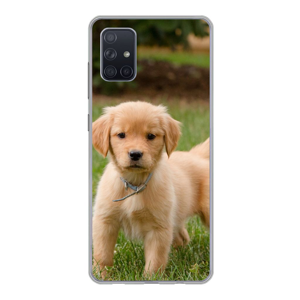 MuchoWow Handyhülle Schutzhülle Hülle für Samsung Galaxy A71 Golden Retriever Welpe im grünen Gras Silikon Softcase Handy Hülle - Kartenbes...