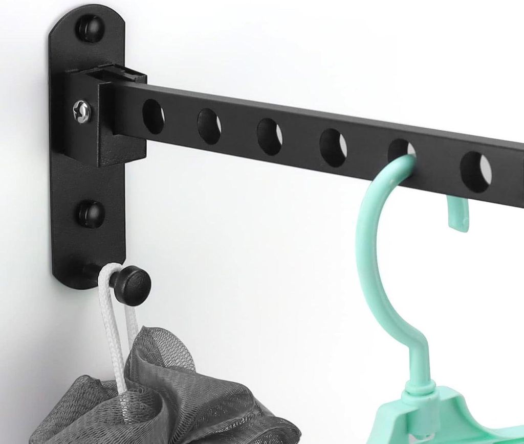 Klappbares Wandregal, 90 Grad faltbar, schwarz mit Haken - Trockenständer für Balkon, Garderobe, Badezimmer, Hotel