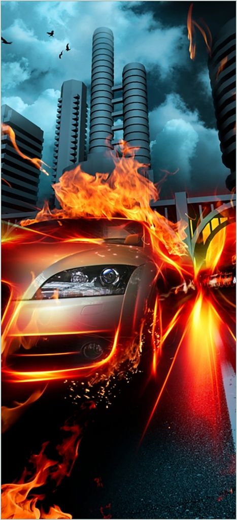 Türtapete Türposter Brennendes fahrendes Auto - Größe: 93 x 205 cm