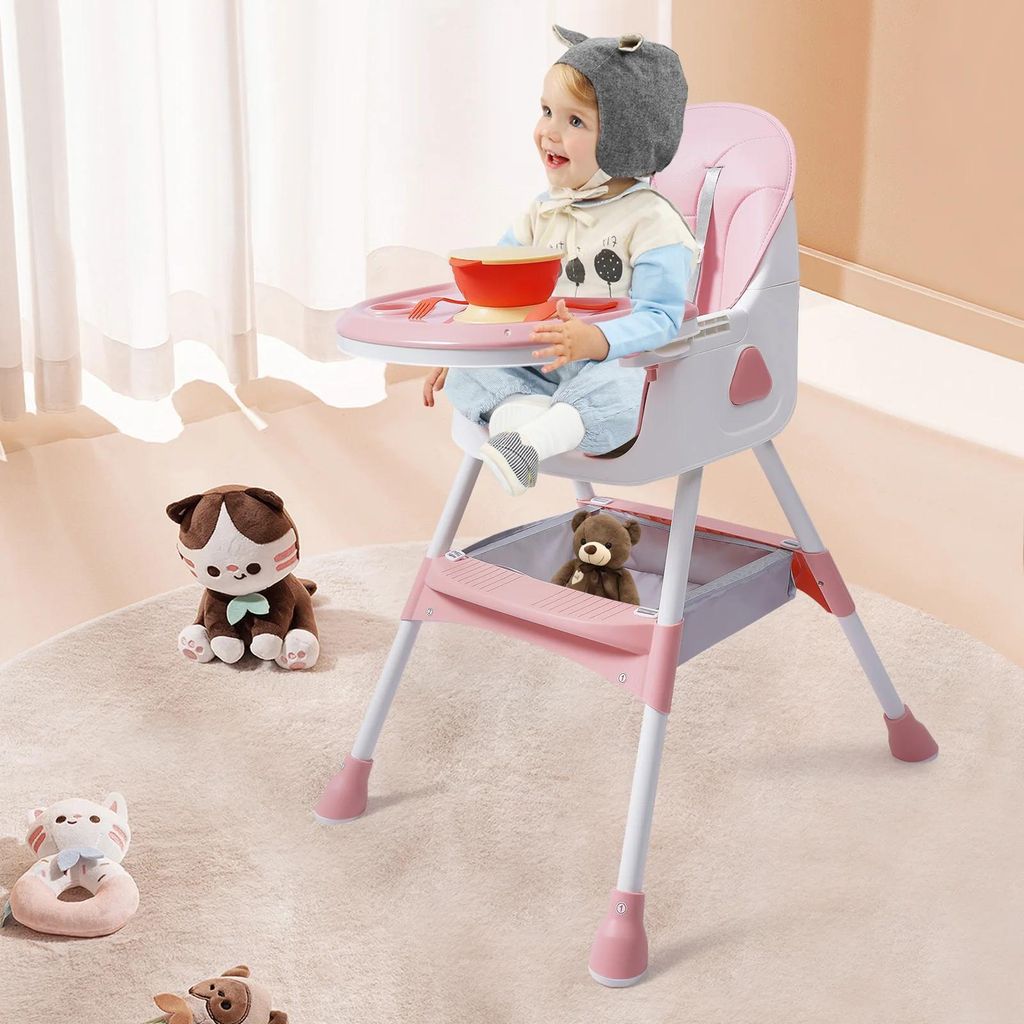 Faltbarer Baby-Hochstuhl - Kinderhochstuhl - 2‐in‐1, Höhenverstellbar, Metallrahmen, Mit 1 Set lebensmittelechtem PP-Besteck, Für 1–2 Jahre...