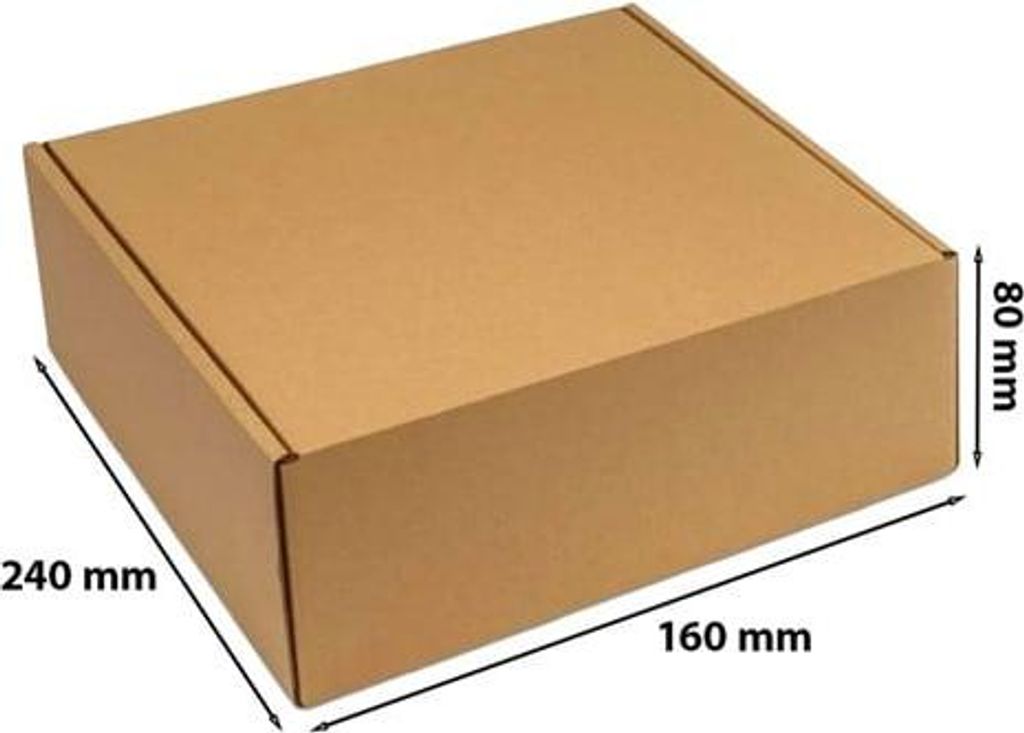 A brown cardboard box with dimensions indicated by text overlays.