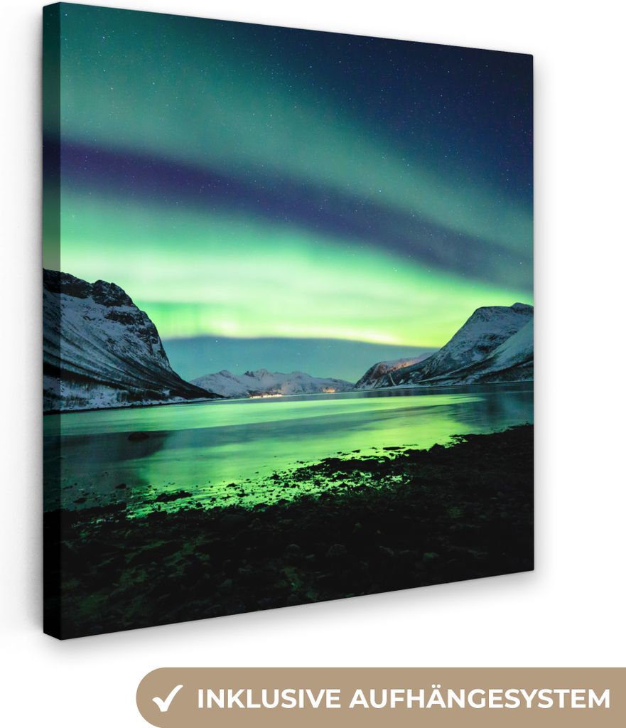 MuchoWow - Leinwandbilder - Nordlicht - Norwegen - Eis - Gelb - Berg - Wasser - Schnee, Wandbild, Wanddeko Bilder Wohnzimmer, 90x90 cm