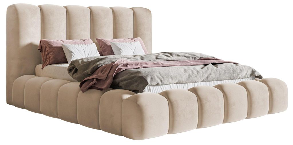 Polsterbett 180x200 cm Madeno - Schlafzimmer, Doppelbett 180x200 - Bettkasten, Lattenrost, Dicker Schaum - Samt Beige