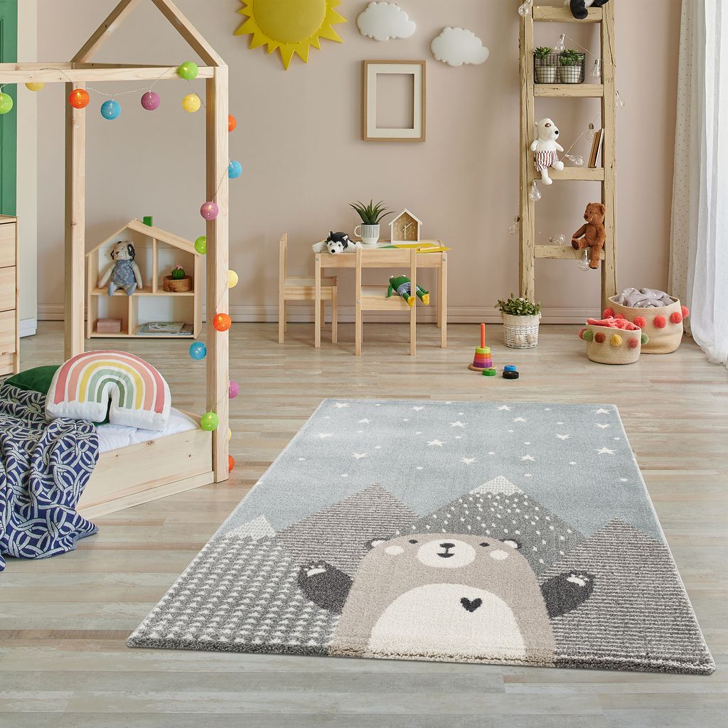 Kinderteppich Bär mit Berg Teppich für Kinderzimmer Pastellfarben Schadstofffrei Größe: 160 x 230 cm, Mint