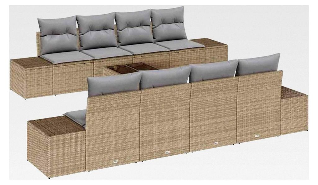 9-teiliges Garten-Sofagarnitur mit Kissen Beige Poly Rattan Lounge Sofa Outdoor