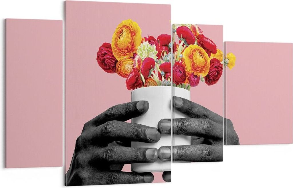 Bild auf Leinwand - Leinwandbild - 4 Teile - Schwarz Hände Blumen - 120x70cm - Wand Bild - Wanddeko - Wandbilder - Leinwanddruck - Bilder - Wandde...