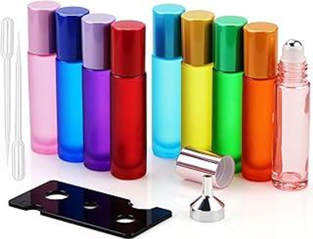 DKBT 9 Stück 10ml Roll on Glasflaschen für Ätherisches Öl Zubehör Roll on Flasche Leer Aroma Deoroller zum Befüllen mit Edelstahl Roller Ball...