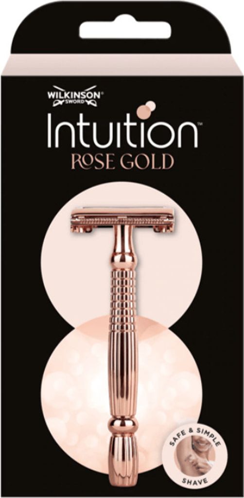 Product packaging for a Wilkinson Sword Intuition Rose Gold razor.