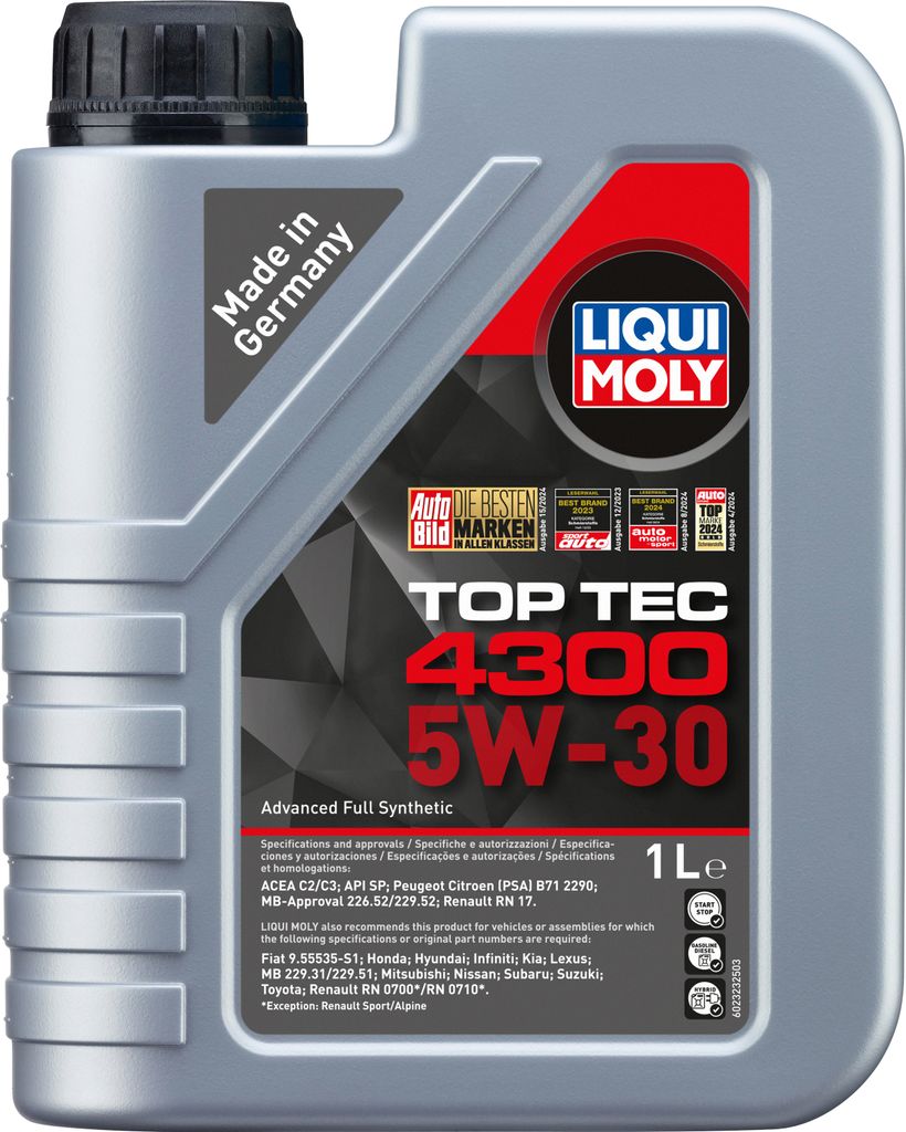 A bottle of LIQUI MOLY Top Tec 4300 5W-30 engine oil.